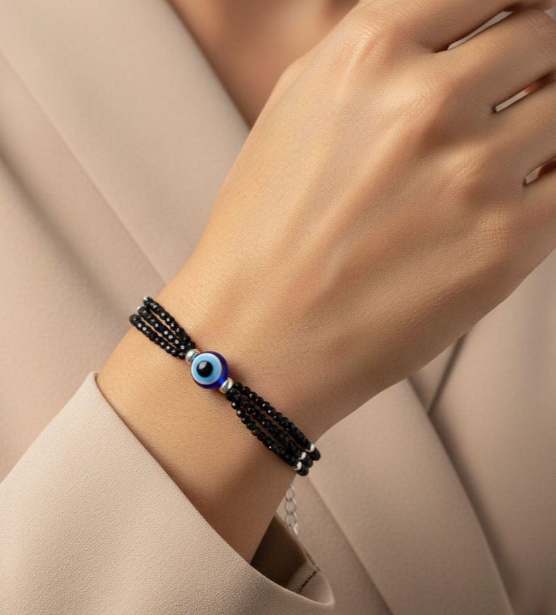 evil eye three layer silver bracelet