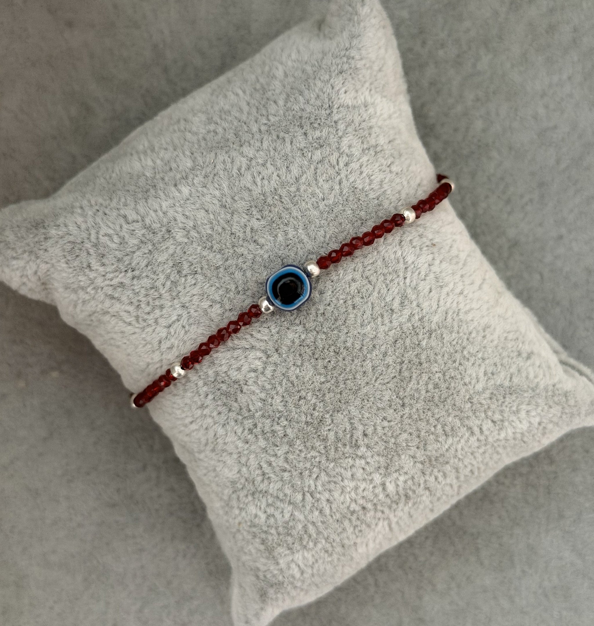 red beads evil eye silver bracelet