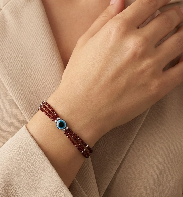 red beads three layer silver bracelet